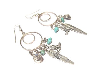 Vintage Southwest Sterling Silver and Turquoise Hoop Earrings with Dangles