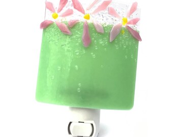 Night Light, Green with Pink Flowers, Art Glass, Wall Plug In