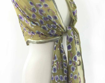 Hand Painted Silk Scarf, Silk Chiffon Shawl, Silk Devore burnout Roses , Hand Dyed Yellow Purple