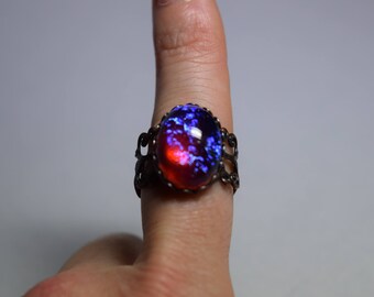 Dragons breath fire opal czech glass adjustable filigree antique copper ring