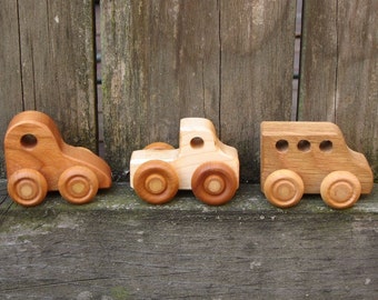 Three Little Wooden Toy Cars - Kids Handmade Natural Wood Toy Car, Truck and Bus