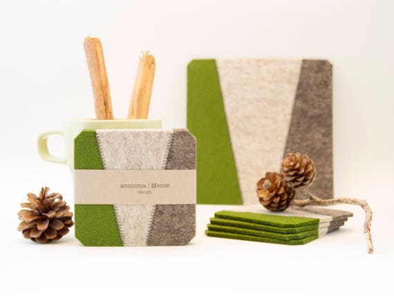 Set of felt coasters / square coasters / green and grey coasters / green coasters/ modern home design / wool felt / gift idea