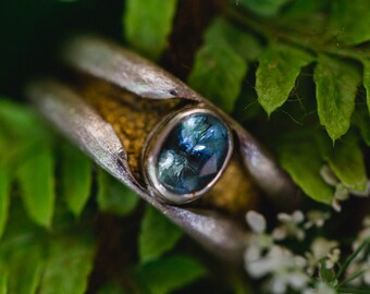 Silver ring with aquamarine and gold leaf