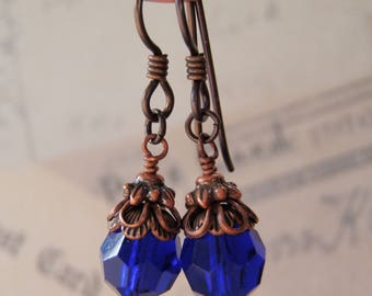 Cobalt Blue Earrings Hypoallergenic Niobium Ear Wire 8mm Preciosa Crystal Dangle