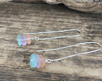 Scottish sea glass teenie pastel stack and sterling silver threader earrings