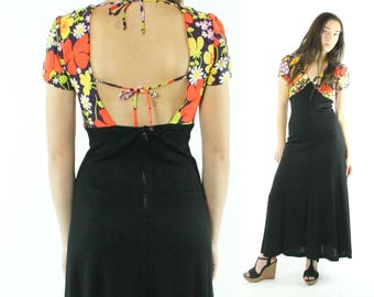 70s Maxi Dress Floral Sundress Deep V Open Back Short Sleeves Sleeveless Black Orange Vintage 1970s XS X-Small Hippie Boho Festival