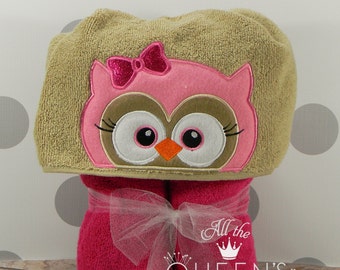 Teen or Adult Hooded Towel - Girl Owl Hooded Towel - Girl Owl Towel for Bath, Beach, or Swimming Pool