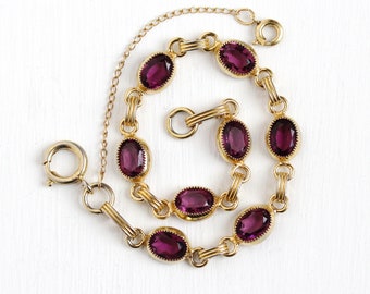 Simulated Amethyst Bracelet - Vintage 12k Yellow Gold Filled Purple Glass Stone Bracelet - Retro 1960 Oval February Birthstone Color Jewelry