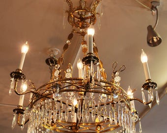 Superb French Empire Chandelier Brass & Crystal Pendants Jeweled MINT