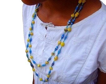 Beaded necklace in recycled paper - blue and yellow - nxl01