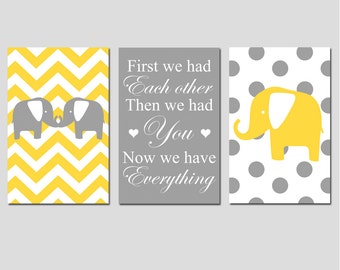 Chevron Elephant Polka Dot Nursery Art Trio - Set of Three 13x19 Prints - First We Had Each Other, Then We Had You, Now We Have Everything