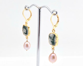 Ocean Agate with Pearl Earrings // Gold Dipped Ocean Agate Earrings // Gold Fill Lever Wires