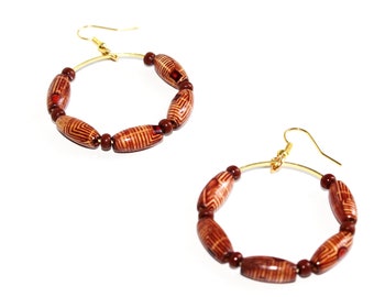 Hoop earrings with Brown wooden beads and Brown beads