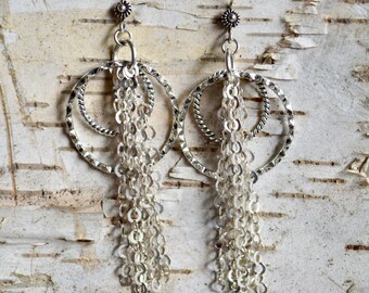 Silver hoop and chain chandelier earrings, silver chain earrings, silver hoop earrings, gift for her