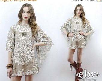 Crochet Dress Angel Sleeve Dress Hippie Dress Festival Dress Hippie Wedding Dress Lace Dress 1970s Dress 1960s Dress 70s Dress 60s Dress S