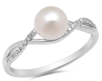 Women 7mm 925 Sterling Silver Freshwater Cultured Pearl CZ Ladies Ring Band(SNRC105861)