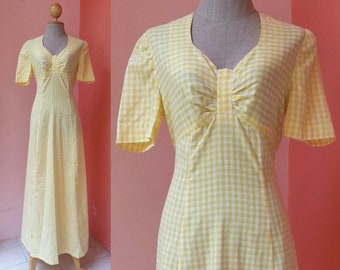 Gingham Dress 70s Dress Plaid Dress Vintage Dress 1970s Dress Women Tartan Dress White Yellow Cotton Maxi Dress Short Sleeve Medium Size 8