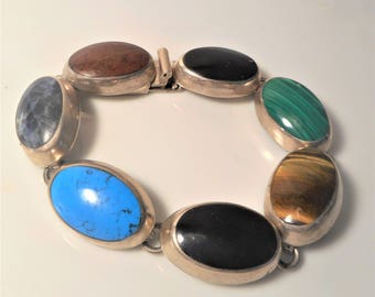 Southwestern 47 grams 925 Signed Multi Gemstone 7 1/2" Women's Bracelet, Signed 925 Malachite, Turquoise, Onyx Gemstone Heavy Link Bracelet