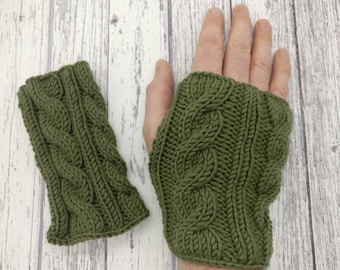 Cable knit fingerless mittens (wrist warmers) (sage green)