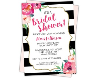 Kate Bridal Shower Invitation Editable Template, Spade Baby Shower Invitations, Black Striped Invite, Printable Floral Bridal Shower Invite