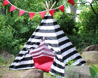 Kids Teepee Play Tent, Two Sizes READY TO SHIP, Can Include Window, Black Stripe, Teepee, Childrens Tee Pee