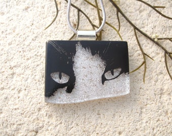 Cat Necklace, Dichroic Necklace, Dichroic Jewelry, Fused Glass Jewelry, Black Whiite Cat, Handmade, OOAK Necklace, Ccvalenzo, 012118p100