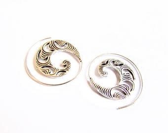 White Brass Tribal Swirls Design Spiral Earrings Tribal Earrings Mandala Jewellery Free UK Delivery Gift Boxed