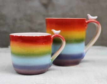 Large Rainbow Coffee Mug Stoneware Pottery Clay Tea Cup Set Unique Ceramic - Mug with Rainbow - for Sister Funny Friend Gift Rainbows Gifts