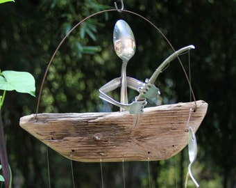Silverware Man Fishing, Silver Spoon Fish, Rustic Fisher Man's Wooden Boat Unique Masculine Mens Gift Brown Rainbow Trout Fly Bait Cast Gear