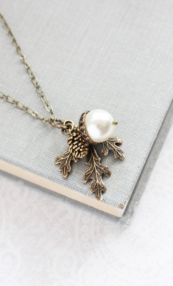 White Pearl Pendant Necklace Acorn Charm Nature Inspired