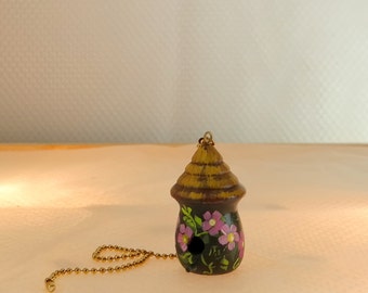 Black Birdhouse Light / Fan Pull with Pink Flowers