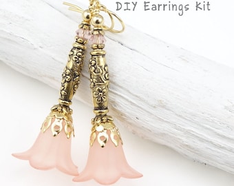 DIY Jewelry Kit Pink and Gold Flower Earring Kit Do It Yourself Jewelry Project Lucite Flower Earrings Pink Jewelry Gold Earrings