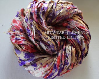 Pure Sari Silk, Grape Berry Confetti, Fair Trade, 6 Yards, OOAK Silk Canvas Series, Textile, Yarn, Ribbon, Silk Ribbon, Artwear Elements 141