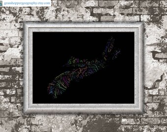 River basins of Nova Scotia in rainbow colours (high resolution digital print) map print, wall art, poster map, home decor, wall decor, gift