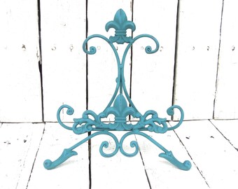 Blue Easel, Metal Easel, Book Stand, Art Prop, Shabby Cottage Chic, Fleur De Lis, Parisian Chic, French Country, Paris Apartment