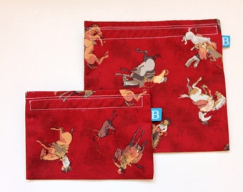 Reuseable Eco-Friendly Set of Snack and Sandwich Bags in Cowboys and Horses Fabric