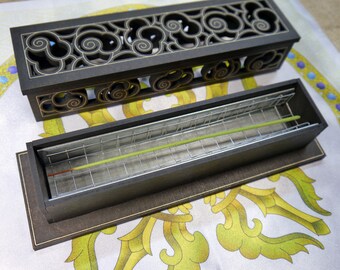 Incense holder incense burner, ash catcher, tibetan style. Traditional clouds pattern. Vajra on side. Hand painted.