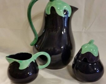 Eggplant pitcher with creamer and sugar
