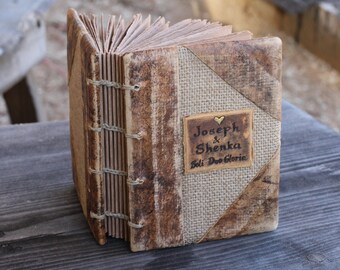 Rustic wedding guest book leather and burlap with names and date anniversary gift rustic diary travel journal