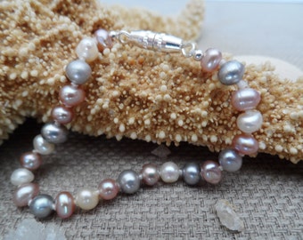 Baby's first pearls, hand-knotted lavender, blue, and white genuine pearl bracelet