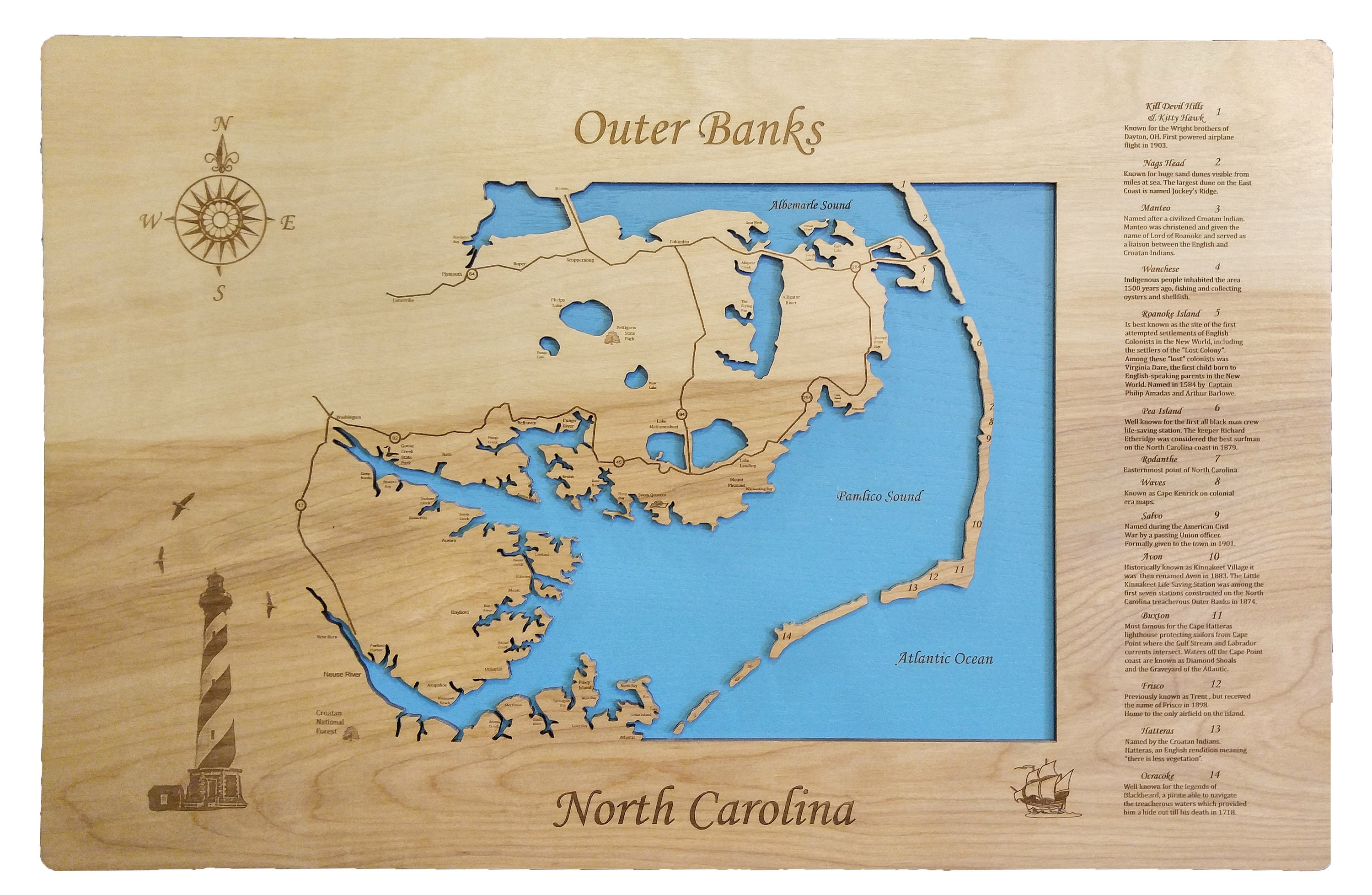 Outer Banks North Carolina wooden laser engraved coastal map