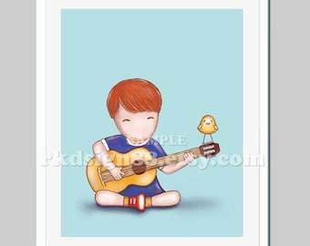Acoustic guitar, children decor, baby boy nursery art, music room, toddler, red hair, Guitar Lesson