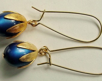 Dark Blue Lucite Moonglow Long Drop Earrings