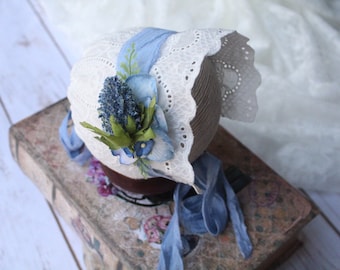 Newborn Girl Photo Prop - White Neeborn Bonnet Lace - Newborn Bonnet - Vintage Baby Bonnet - Blue Baby Bonnet - Lace Baby Bonnet