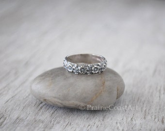 Silver Flower Band - Sterling Silver Band - Floral Pattern Band - Handforged Silver Ring - Silver Ring - Wedding Band