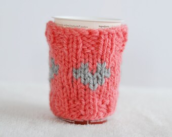 Love Heart Salmon Pink and Grey Heart Cosy Cup Can Warmer Holder Uk