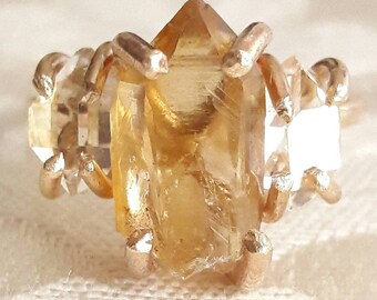 Natural Citrine and Herkimer Diamond Quartz Crystal Ring - Three Stone Ring - Yellow Gold Fill Ring - November Birthstone - Anniversary Gift