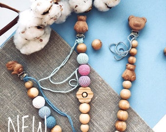 NEW Pacifier Clip Holder Pendant Teething Baby Shower Gift Wooden Toy Eco Friendly Bear Rabbit