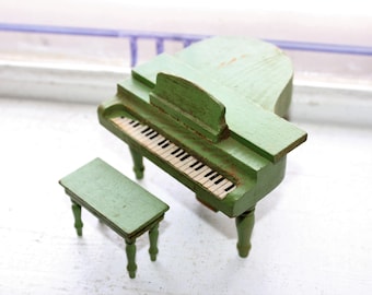 Schoenhut Wood Dollhouse Furniture Green Grand Piano and Bench 1930s