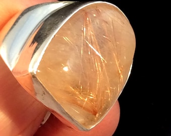 Size 9 Sterling Silver Ring. Rutilated Quartz energy stone. free US ship 54.00
